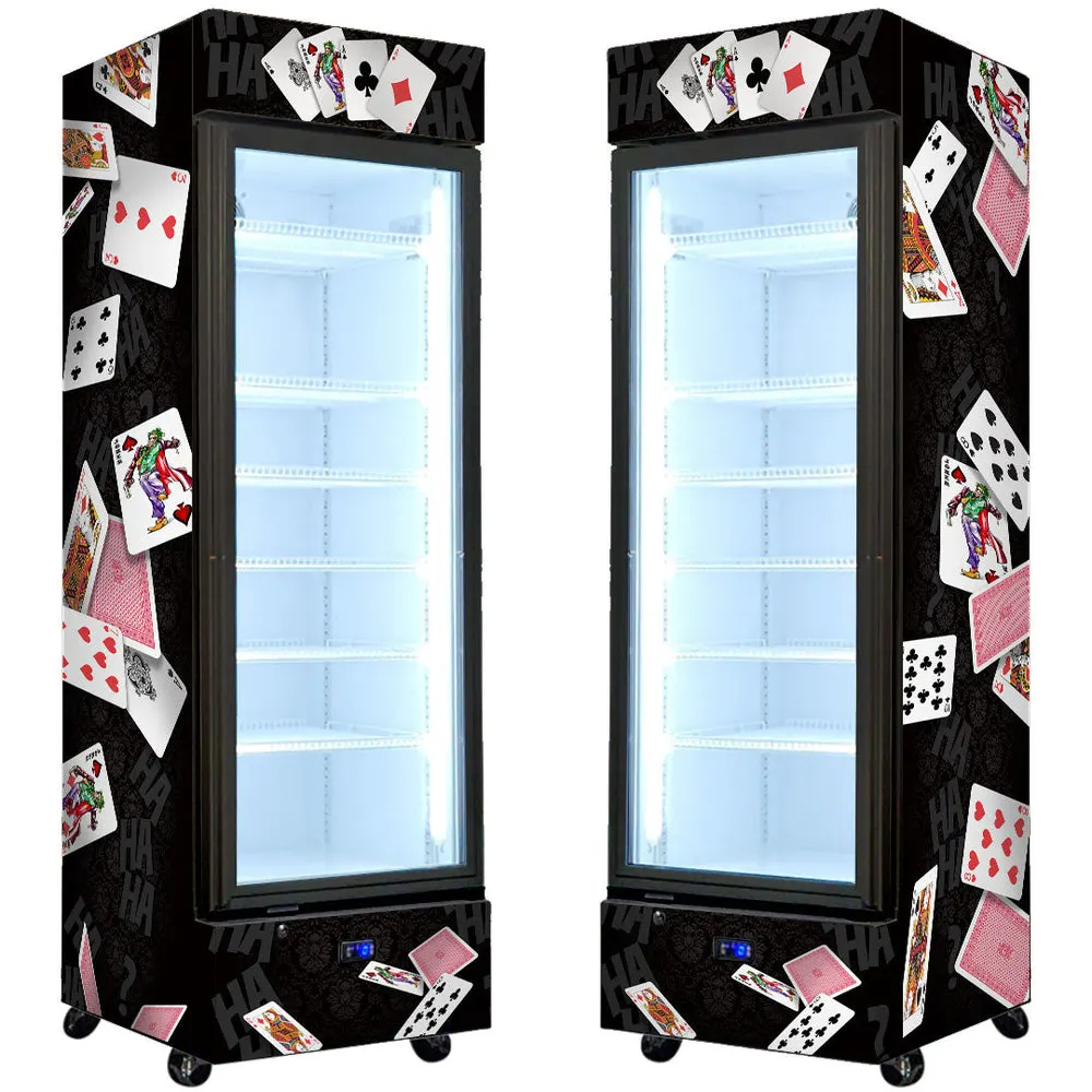 Branded Upright Quiet Running Black Glass Door Bar Fridge, with 'Joker' Playing Card Design - Model SC372B-JOKER