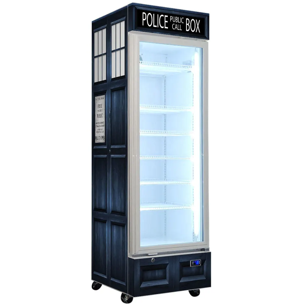 Police Box Branded Design - Upright Quiet Running Glass Door Bar Fridge - Model SC372W-PB