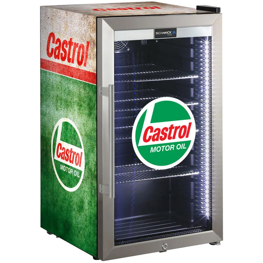 Schmick Castrol Schmick Vintage Fuel Pump Triple Glazed Alfresco Bar Fridge With LED Strip Lights - Model SC88-FP-CASTROL