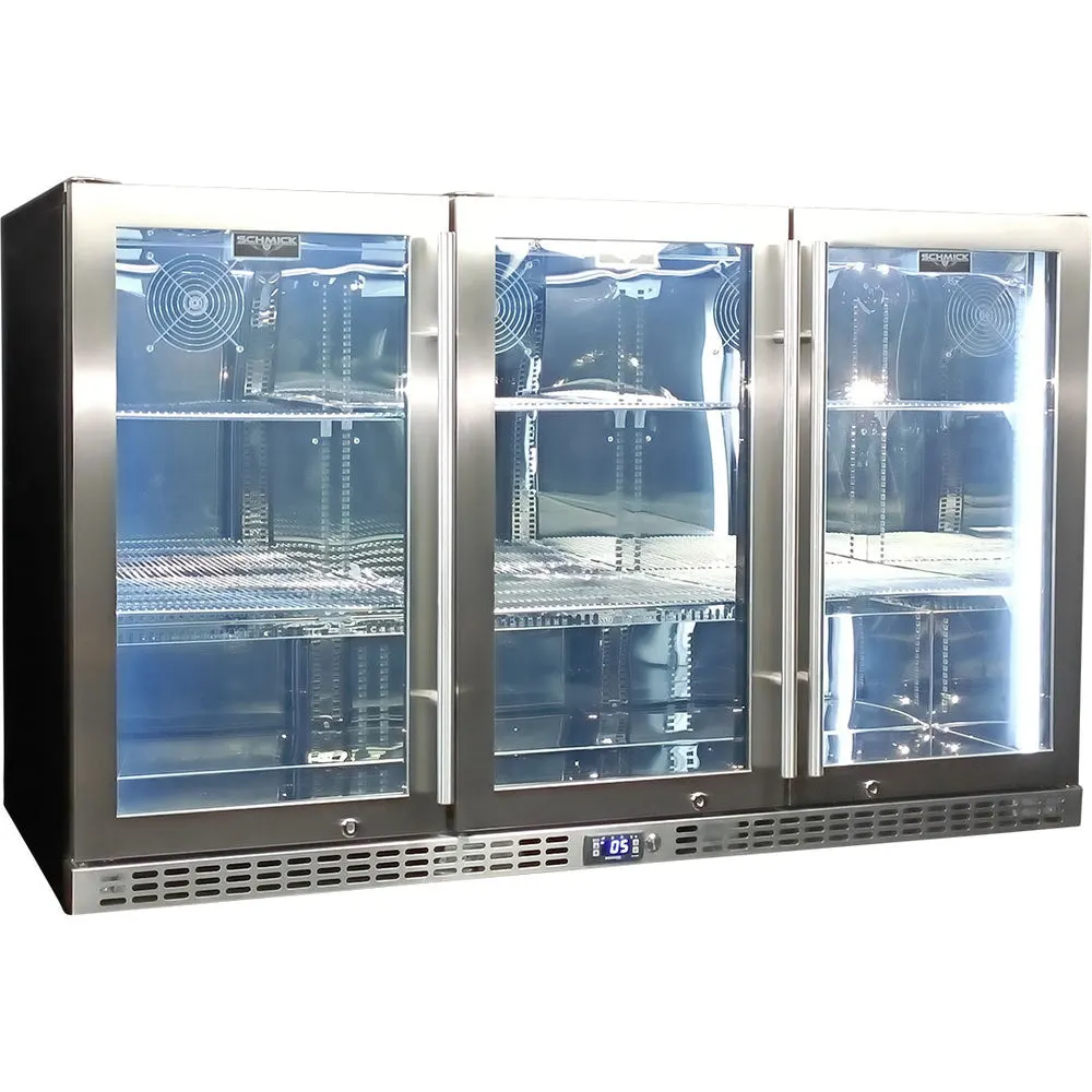 Schmick Stainless Steel 3 Door Quiet Running Heated Glass Door Bar Fridge - Model SK386-HD